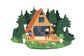 Couple on terrace of summer house in nature. BBQ and relax at modern cozy A-frame wooden home at weekend, vacation