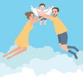 Couple with their baby family flying wings happy to the sky