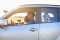 Young couple and their two dogs traveling by car Royalty Free Stock Photo