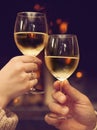 Couple toasting wineglasses in front of lit fireplace Royalty Free Stock Photo