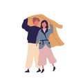 Couple together under raincoat flat vector illustration. Autumn season, rainy weather, walk under rain. Enamored people Royalty Free Stock Photo