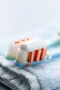 Couple toothbrushes with toothpaste Royalty Free Stock Photo