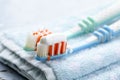 Couple toothbrushes with toothpaste Royalty Free Stock Photo