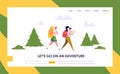 Couple Tourist Character with Backpack Go Hiking on Route in Forest Landing Page. Nature Summer Park Outdoor Camping Royalty Free Stock Photo