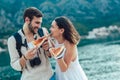 Couple of tourist eating pizza on street Royalty Free Stock Photo