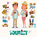 couple of tourist with gadget for travel. character design -