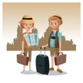 Couple tourist map luggage traveler urban background