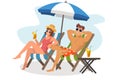 Couple tourist relaxing on loungers drinks cocktail on sea beach. Boyfriend and girlfriend under beach umbrella on deck chairs. Royalty Free Stock Photo