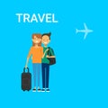 Couple Of Tourists With Bags Travel On Air Happy Smiling Travelers Man And Woman Over Blue Background With Airplane Royalty Free Stock Photo