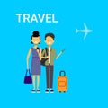 Couple Of Tourists With Bags Travel On Air Happy Smiling Travelers Man And Woman Over Blue Background With Airplane Royalty Free Stock Photo