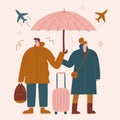 Couple of tourists choosing travel direction in airport. Illustration of family on vacation in vector. Royalty Free Stock Photo