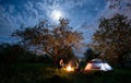 Couple tourists sitting at a campfire near tent under trees and night sky with the moon. Night camping Royalty Free Stock Photo