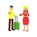 Cheerful couple tourists standing at airport with luggage and passports in hands. Summer beach vacation concept Royalty Free Stock Photo