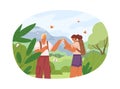 Couple of tourists travel in nature on holidays. Hikers with backpacks during adventure. Man present butterfly in jar to