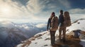 Couple tourists went hiking in the mountains in the winter season. Beautiful views of nature. Guy and girl with a big Royalty Free Stock Photo