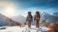 Couple tourists went hiking in the mountains in the winter season. Beautiful views of nature. Guy and girl with a big Royalty Free Stock Photo