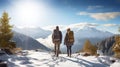 Couple tourists went hiking in the mountains in the winter season. Beautiful views of nature. Guy and girl with a big Royalty Free Stock Photo