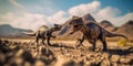 A couple of toy dinosaurs standing on top of a dirt field. Generative AI image.