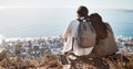 Couple, travel and cityscape with ocean view for peace and calm while hiking with a backpack. Man and woman together on