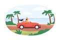 Couple travel by convertible car on summer holidays. Man and woman driving along sea coast. Summertime trip of romantic Royalty Free Stock Photo