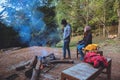 Couple travel photograph nature on the mountains relax in the holiday. Romance lovers Camp Fire winter