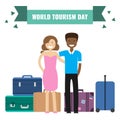 Couple travel with retro suitcases. World Tourism day cpncept.