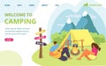 Couple travel with tent, man woman summer vacation at nature camp vector illustration. Cartoon outdoor tourism in forest Royalty Free Stock Photo