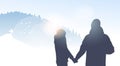 Couple Traveler Silhouette Walking Mountain Winter Forest Nature Background