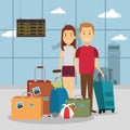 Couple travelers in the airport characters Royalty Free Stock Photo