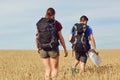 A couple of travelers with backpacks go on a field of wheat. Royalty Free Stock Photo