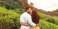 Couple of Travelers in Love in Front of Nature Background Tea Plantations Landscape Royalty Free Stock Photo