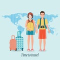 Couple travelers with luggage on world map background. Royalty Free Stock Photo