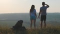 The couple of travelers standing on the mountain top. Royalty Free Stock Photo