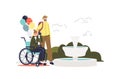 Couple of travelers with woman on wheelchair travel, make photo of landmarks