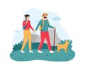 Couple traveling with dog. Young man and woman hiking or trekking on nature with stick. People having trip Royalty Free Stock Photo