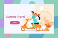 Couple traveling on a scooter.Summer vacation, tourism and journey, couple travels. Flat vector illustration