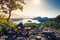 Couple travellers in Slovenia Bled lake. Royalty Free Stock Photo