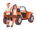 Couple of Travellers Standing in front of Jeep Car SUV, African Safari Travel, Male and Female Tourists Exploring Fauna