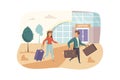 Couple travels together. Man and woman with luggage go in airport Royalty Free Stock Photo