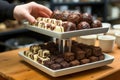 A couple of trays filled with chocolates on top of a wooden table. White and black chocolate