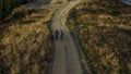 Couple trekking forest road aerial view walking among yellow grass warm day