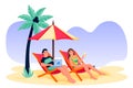 Couple on tropical beach. Girl with cocktail guy freelancer works on laptop. Vector flat cartoon characters illustration Royalty Free Stock Photo