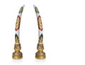 The couple tusks of an elephant is a hard cream-white substance on the gold wooden candlestick with golden Thai striped