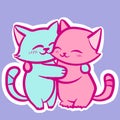A couple of two kawaii cats in pastel colors hugging. Digital art of two chibi kitties embracing each other with love.