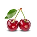 Couple of two red polygonal cherries with green leaves. Vector illustration.