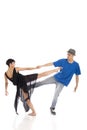 Two modern ballet dancers in dynamic action figure, on white background Royalty Free Stock Photo