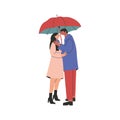 Couple With Umbrella. Cartoon Man Woman Character Standing In Rain Holding Parasol Rainy Season. Vector Illustration