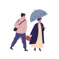 Couple with umbrella flat vector illustration. Autumn season, rainy day, walk under rain. Man and woman wearing Royalty Free Stock Photo