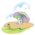 couple with umbrella sitting on the beach. Vector illustration decorative design Royalty Free Stock Photo