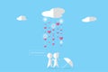 Couple under clouds with rain and hearts, valentine concept